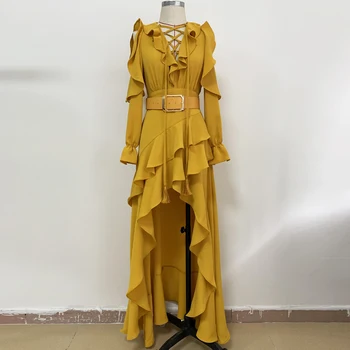 AUKŠTOS KOKYBĖS 2020 Dizaineris kilimo ir tūpimo Tako Maxi Suknelė Moterų ilgomis Rankovėmis Peties Tuščiaviduriai Iš Pynimas Suderinta Ilga Suknelė