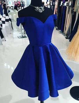 Trumpas Royal Blue Kokteilių Suknelės nuo Peties-Line Satininiu Moterų Oficialų Prom Šalis Suknelė Homecoming Suknelė 2020 m.