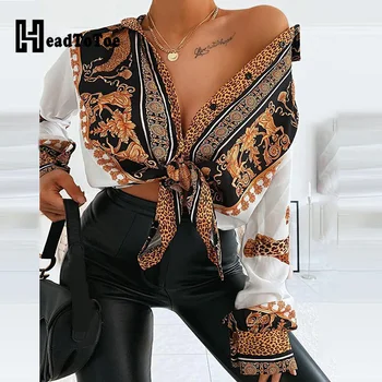 Baroko Leopardas Spausdinti Atsitiktinis Marškinėliai Moterims Turn-žemyn Apykaklės Atsitiktinis ilgomis Rankovėmis Palaidinė Viršūnes Streetwear