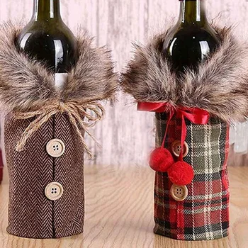 2vnt Kalėdų Džemperis Vyno Butelio Dangtelį, Naujausias Apykaklės ir Mygtuką Kailis Dizaino Vyno Butelis Megztinis Vyno Butelis Suknelė Rinkiniai Kalėdos P