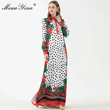 MoaaYina Mados kilimo ir tūpimo Tako suknelė Rudens Žiemos Moterų Suknelė ilgomis rankovėmis Dot Floral-Print Laisvus Drabužius, Maxi Suknelės