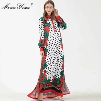 MoaaYina Mados kilimo ir tūpimo Tako suknelė Rudens Žiemos Moterų Suknelė ilgomis rankovėmis Dot Floral-Print Laisvus Drabužius, Maxi Suknelės