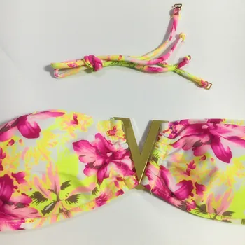 ROŽINĖ VĖJO 2017 Seksualus Gilus V Geltonos spalvos Gėlių Spausdinti Bikini Komplektas Įžūlus Tvarstis maudymosi Kostiumėliai Moterims Bandeau maudymosi kostiumėlį Brazilijos Biquini SML
