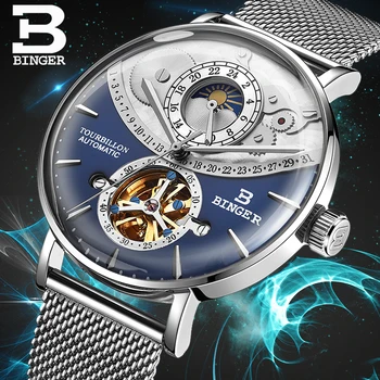 Šveicarijos Automatinis laikrodis Vyrams, BINGER skeletas Mechaninė Vyrų Laikrodžiai Visiškai Plieno, Safyro Relogio Masculino Vandeniui Mėlyna