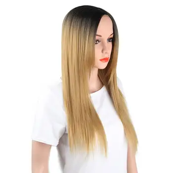 Štampuoti Šlovingą Tiesiai Ombre Juoda Blonde Perukas Ilgai Sintetinis Perukas Moterų Vidurinė Dalis Karščiui Atsparus Pluoštas Natūralių Plaukų