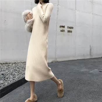V780-2019 megzti suknelė, ilgas sijonas, apačioje-rudens pradžioje, pusė aukšto kaklo megztinis žiemą, ilgomis rankovėmis sijonas