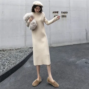 V780-2019 megzti suknelė, ilgas sijonas, apačioje-rudens pradžioje, pusė aukšto kaklo megztinis žiemą, ilgomis rankovėmis sijonas