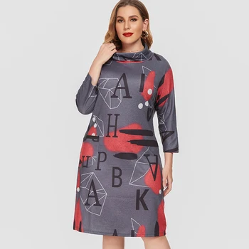 2020 m. Rudenį Moterys ilgomis rankovėmis Atspausdintas Suknelė mados ponios Aukštos apykaklės mama drabužiai Plius Dydis Moterų Suknelės 4XL 5XL 6XL