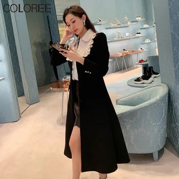 Korėjos Mados Drabužių 2020 M. Rudens Žiemos Elegantiškas Kristalų Mygtukai Ilgomis Rankovėmis Juodos Vilnos Suknelės Moterims Midi Slim Suknelė