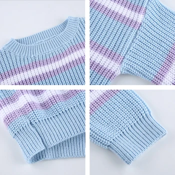 Anglija Stiliaus Dryžuotas Y2K Megztiniai Moterims 2020 Mėlyna 90s Trikotažas O-Kaklo, ilgomis Rankovėmis Rudenį, Žiemą Šiltas Megztinis Džemperis