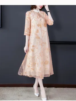 Kinų stiliaus suknelė moterims ilgas vasaros naują ilgomis rankovėmis suknelė ponios pagerėjo cheongsam suknelė šilko imitacijos Pavasarį rudenį