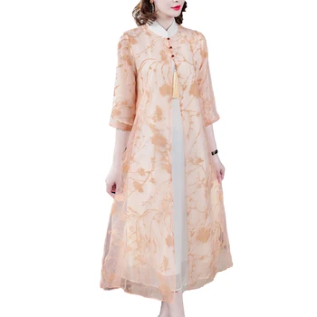 Kinų stiliaus suknelė moterims ilgas vasaros naują ilgomis rankovėmis suknelė ponios pagerėjo cheongsam suknelė šilko imitacijos Pavasarį rudenį