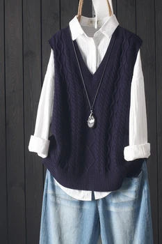Pavasarį ir rudenį berankovis viršų moterų laisvalaikio ir laisvo stiliaus grynos spalvos vilnonis megztinis ir liemenė