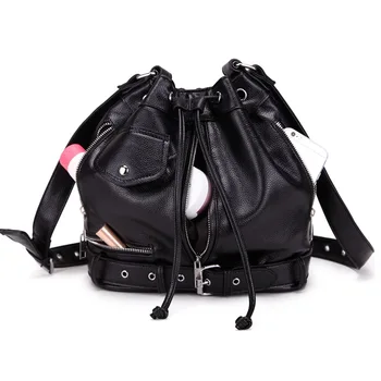 NIGEDU Roko Stiliaus Moterų Pečių Maišą Punk kniedės messenger maišeliai PU Odos Rankinės moterų Dizaineris Motociklo Kibirą Entire juoda