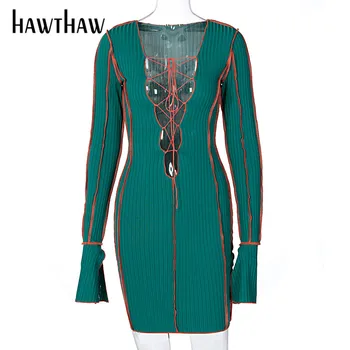 Hawthaw Moteris Rudens-Žiemos Ilgos Rankovės Tuščiaviduriai Iš Kratinys Bodycon Paketo Klubo Mini Trumpą Suknelę 2020 M. Rudenį Drabužių Streetwear