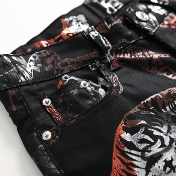 Sokotoo Vyrų tigras gyvūnų spausdinti padengtas džinsai Mados slim fit black dažytos stretch kelnės