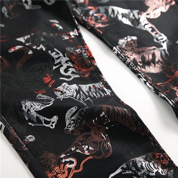 Sokotoo Vyrų tigras gyvūnų spausdinti padengtas džinsai Mados slim fit black dažytos stretch kelnės
