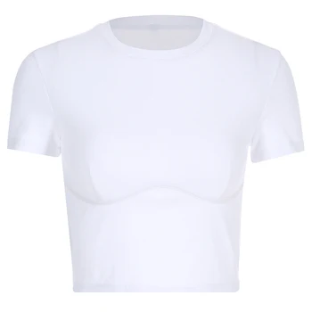 HEYounGIRL Atsitiktinis Pagrindinio Balta Pasėlių Top Marškinėliai Elegantiškas Trumpas Rankovės Moteris Marškinėlius Top High Street Medvilnės Tshirts Moterys Vasarą