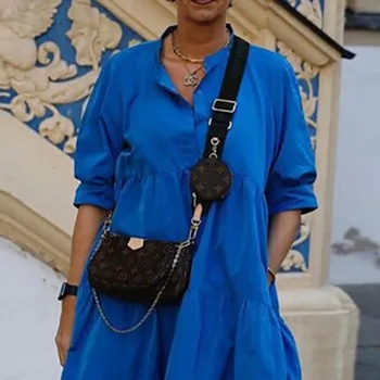 Afrikos Moterų Atsitiktinis Suknelė Mėlyna Mygtuką Iki išjunk Colar Marškinėliai, Suknelės Ponios Plius Dydis 3XL Laisvi Vasarą, Rudenį, Ilgas, Maxi Suknelė