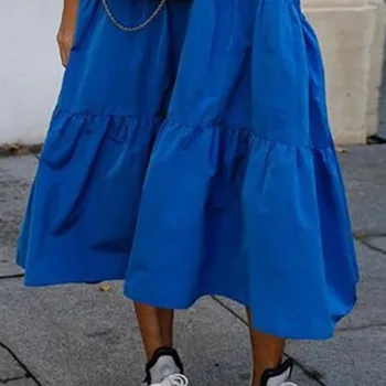 Afrikos Moterų Atsitiktinis Suknelė Mėlyna Mygtuką Iki išjunk Colar Marškinėliai, Suknelės Ponios Plius Dydis 3XL Laisvi Vasarą, Rudenį, Ilgas, Maxi Suknelė