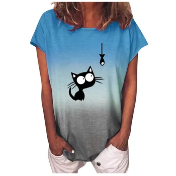 Moterų Vaivorykštė Gradientas Cute Kačių, T-shirt Apvalus Kaklas Trumpas Rankovės Pajūrio Atsitiktinis Temperamentas Viršūnes 2020 M. Vasarą Moteris