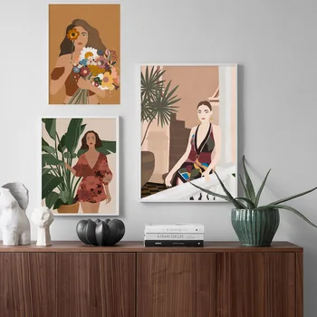 Mados seksuali mergina, gėlių, augalų lapų iliustracija sienos meno tapybos drobės Šiaurės plakatai ir spausdina kambarį apdailos dažai